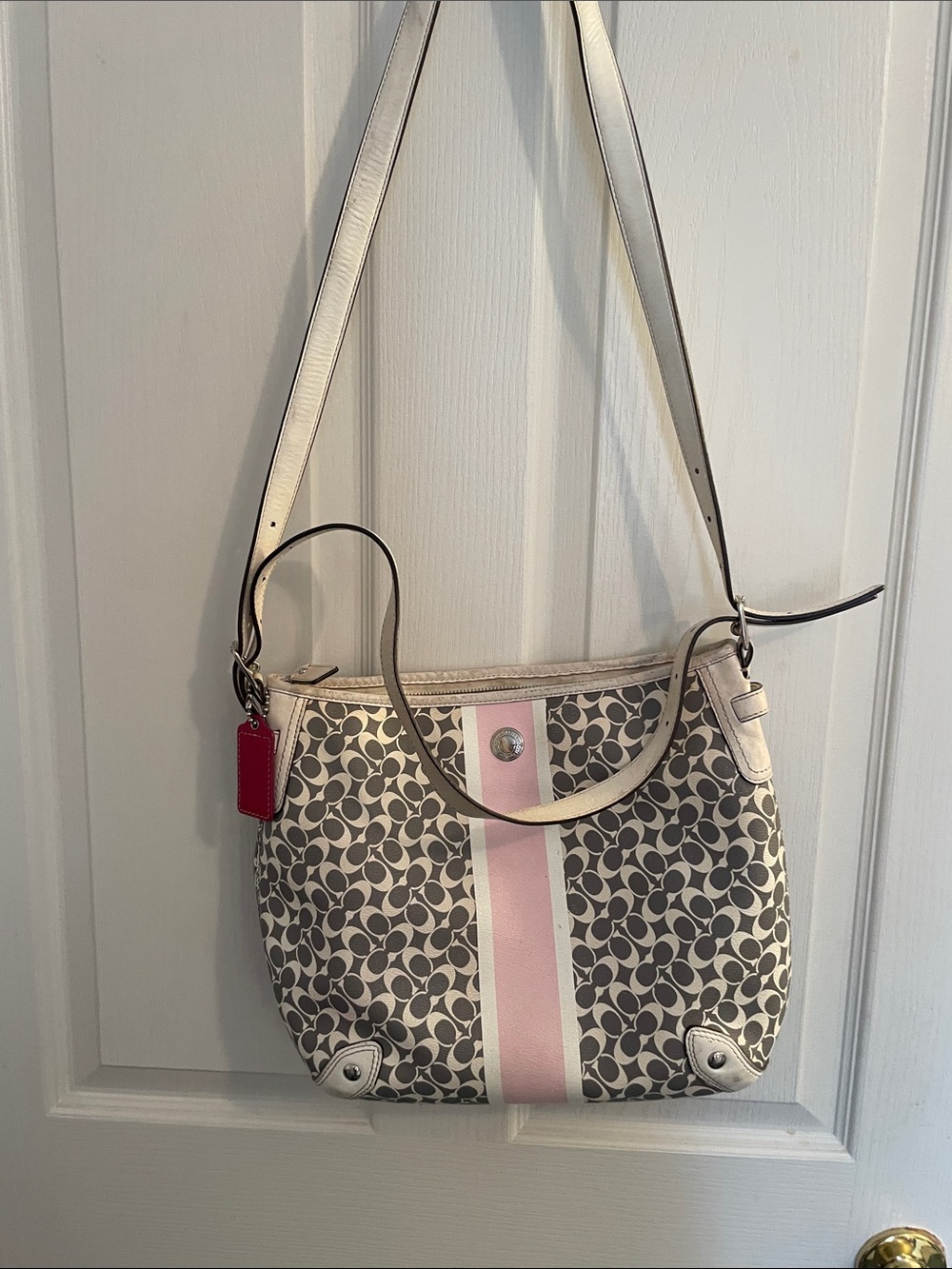 Neutral Patterned Crossbody Bag with Pink Stripe